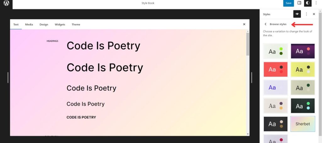 Browse Styles in Full site editing in WordPress
