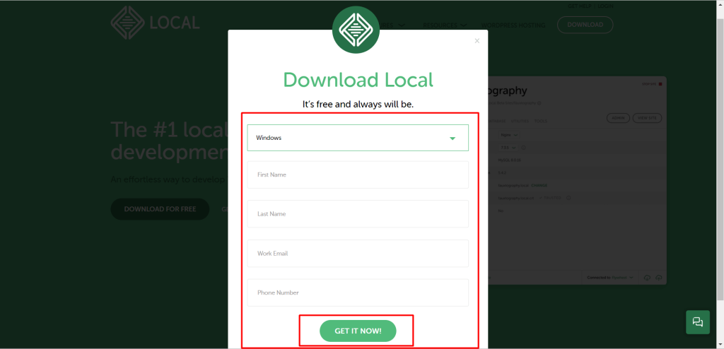 Fill the form of LocalWP for WordPress